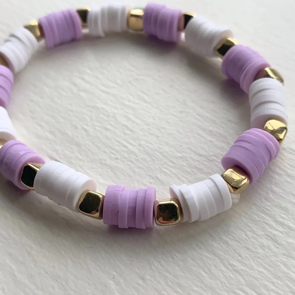 Handmade clay bead bracelet purple/white gold square bead’s stretchy - Picture 1 of 5